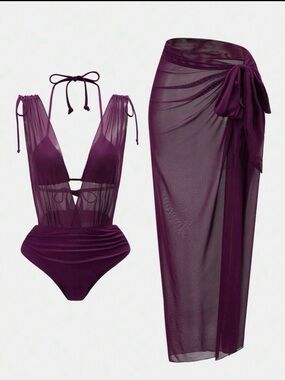 Sheer Plunge One-Piece Swimsuit with Sarong - Purple